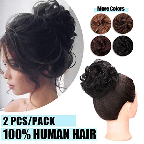 AISI BEAUTY 2PCS Messy Bun Hair Piece 100% Human Hair Scrunchies Buns Hair Pieces for Women Curly Wavy Black Bun Elegant Chignons Wedding(Natural Black)