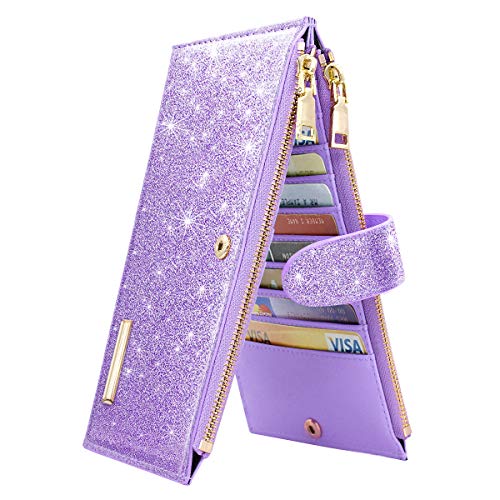 Coco Rossi Purple Glitter Wallet for Women RFID Blocking Slim Bifold Purse