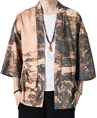 Hotmiss Men's Kimono Cardigan Jacket Japanese Style Flying Crane Seven Sleeves Open Front Coat