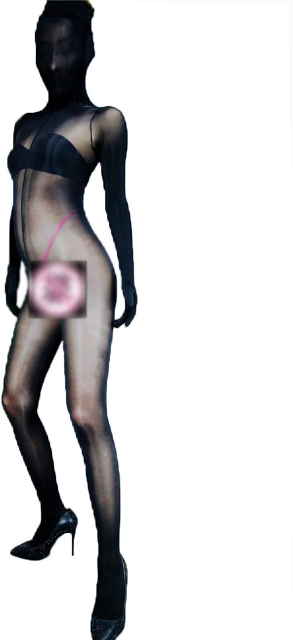 leesuo Unisex Women Men Nylon 8D Sheer Super Oil Shiny Glossy Bodystockings Transparent Jumpsuit Catsuit with Gloves Hood