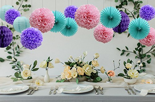 Teal Lavender Purple Pink Party Decorations 16Pcs Paper Pom Poms Honeycomb Balls Blue Lanterns Tissue Fans For Wedding Birthday Baby Shower Frozen Party Supplies #TOP4
