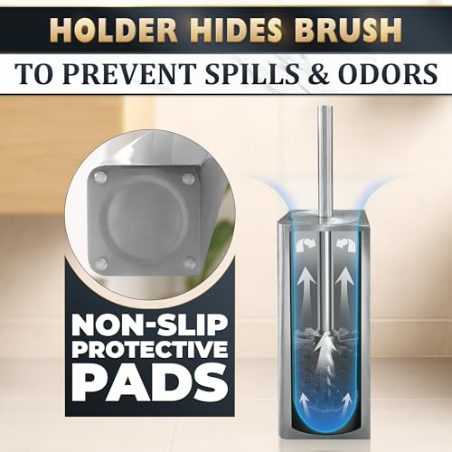Image of Silver Toilet Brush and Holder Set - Upgrade Your Bathroom in Seconds - Stainless Steel Toilet Bowl Brush and Holder with 2 Rounded Corners, Replaceable Head, Removable Inner Bowl & Splash Guard Cover