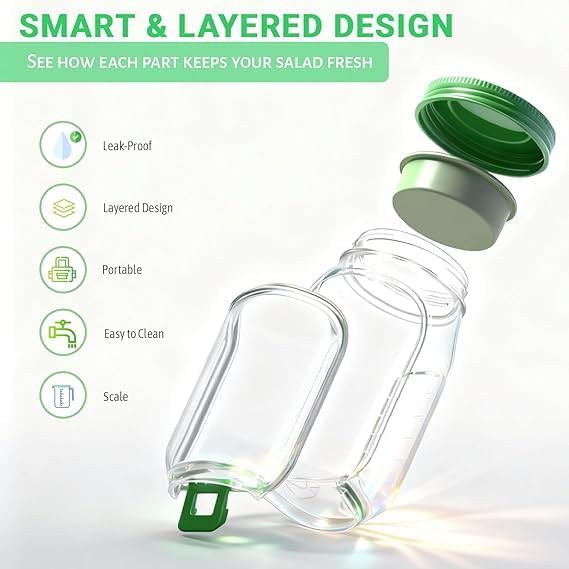 Image of Side-Open Mason Jar Salad Container - Leakproof Vertical Layering Jar with Built-in Dressing Cup, Reusable Portable Lunch Jar for Office, Picnic & Travel (Green, Pack of 1)