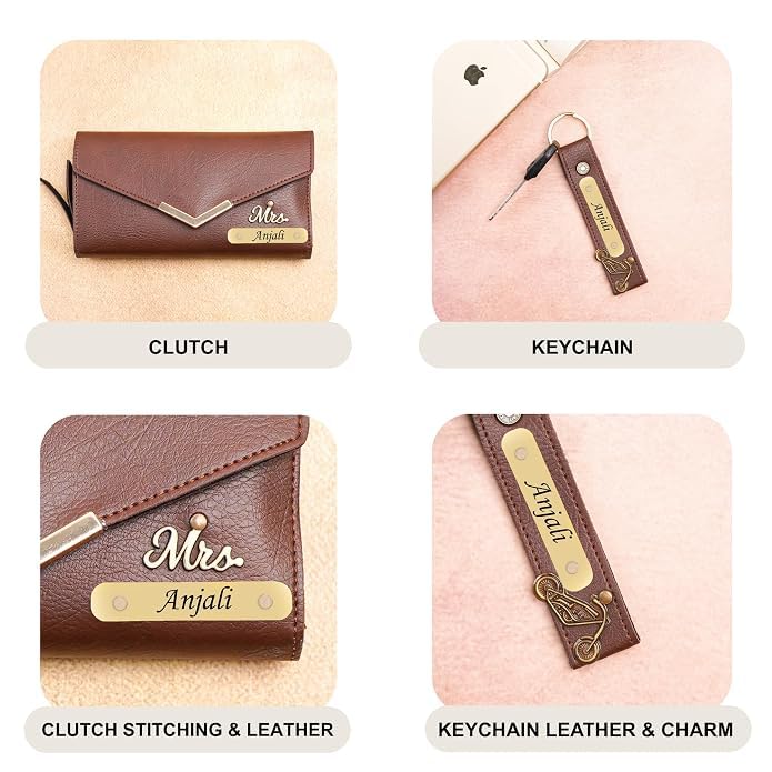 Image of WALLETKART Personalized Leather Women's Clutch with Name & Charm | Customized Clutch for Girlfriend Friend Wife Mother & Sister
