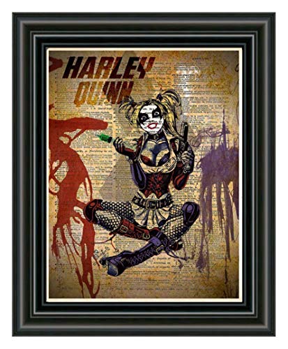 Harley Quinn art print, superhero decor,cool pop art, vintage dictionary art print