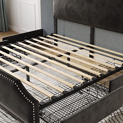 Amerlife Queen Size Bed Frame With 4 Storage Drawers And Headboard, Queen Velvet Upholstered Platform Bed With Rivet Curved Adjustable Headboard/Strong Wooden Slats/Easy Assembly/Black, (1060200023) #TOP5