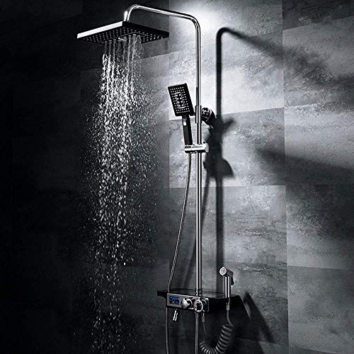 Conjunto de ducha para baño negro Booster Thermostat control de temperatura pantalla LED 4 funciones sistema de ducha de mano rociador cuadrado superior barra con grifo bidé cabezales de ducha fijos miniatura 1