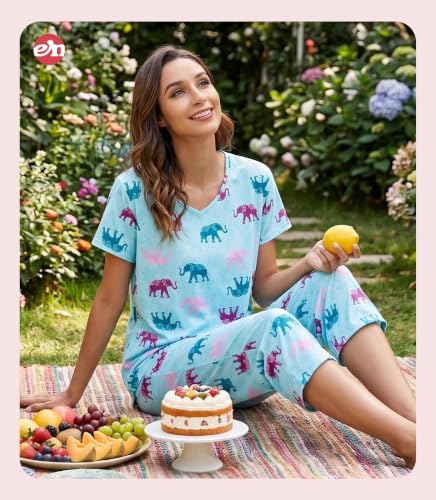 Image of ENJOYNIGHT Womens Pajama Sets Cotton Pj Set Short Sleeve Top With Capri Pants Sleepwear 2 Piece Lounge Set
