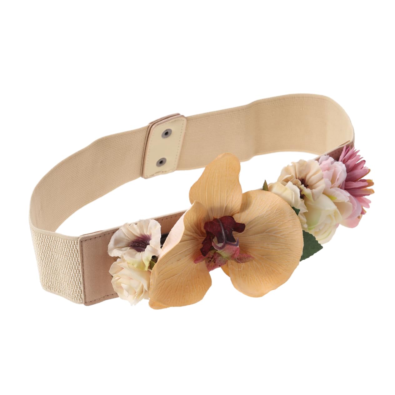 3piezas Cinturón De Flores Artificiales Para Mujer Banda Elástica Ancha Color Khaki Diseño Innovador Para Looks Únicos y Elegantes