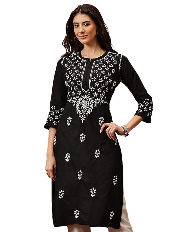 Image of Ada Hand Embroidered Lucknow Chikankari Straight Cotton Kurta Kurti Tunic for Women A411475 White