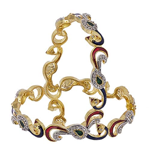 Bracelet Peacock or avec oxydes de zirconium et émail Méenakari raffiné pour l'élégance féminine