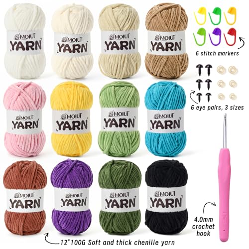 Image of 12 Pack Velvet Yarn for Knitting, Chunky Chenille Yarn for Crocheting, Baby Yarn for Crocheting Soft Blanket, Super Bulky 42.3oz(1049yds), Multicolor Amigurumi Yarns Set D