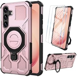 for Samsung Galaxy S26 Plus Case with Tempered Glass Screen Protector, Heavy Duty Military Grade Shockproof Protective Cover 360° Ring Magnetic Kickstand Cell Phone Case for Samsung S26 Plus (Pink)