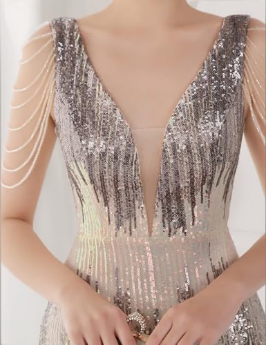 Image of Women 1920s Plus Size Formal Dress Tassels Sleeve Sequins Gatsby Maxi Evening Gown