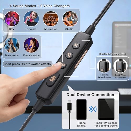 Image of KM08U Sound Card Karaoke Headset with in-Ear Monitoring, Voice Changer, Noise Reduction, Portable All-in-One Karaoke Headphone with Mic, Plug & Play Wired Earbuds for Streaming Recording Singing