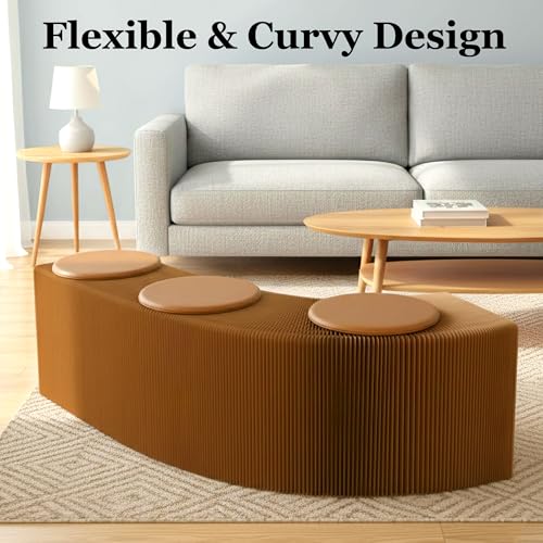 Image of Flexible Kraft Paper Folding Bench with 3 Cushions - 59 inch Retractable Honeycomb Ottoman, Collapsible Portable Stool Seating for Entryway & Small Spaces, Heavy Duty Modern Sustainable Furniture (Brown)