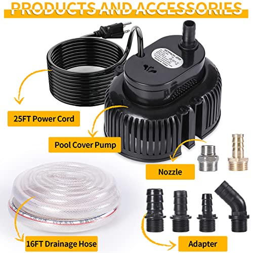 Akypach Pool Cover Pump Above Ground Water Removal Pump Swimming Pool Draining, Submersible Water Pump Sump With 16 Ft Drainage Hose & 25 Ft Power Cord 850Gph Inground 6 Adapters thumb #7