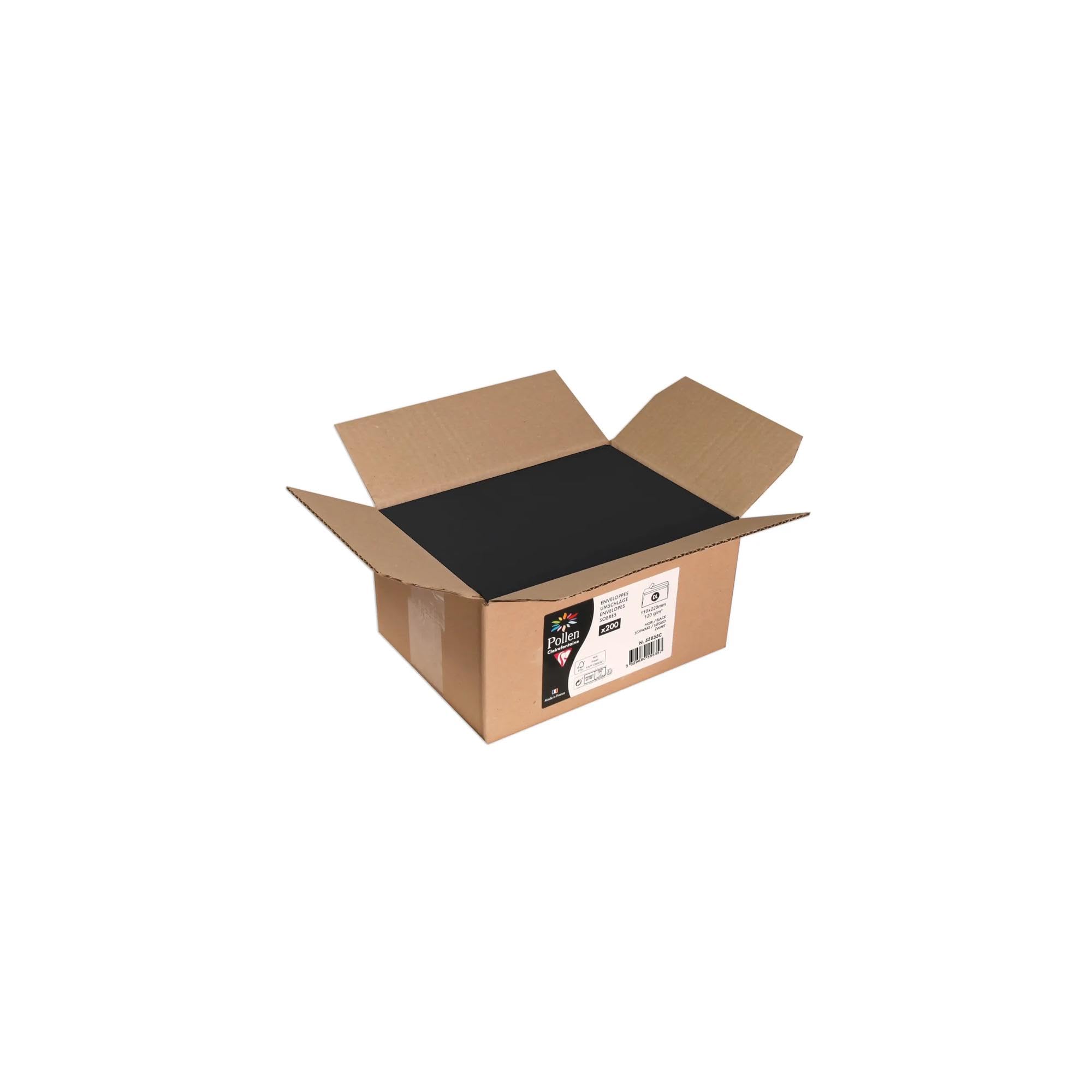 Clairefontaine 55835C Box of 200 Self-Adhesive Envelopes DL (11x22cm) 120g/m² Colour Black Invitation Event Correspondence Range Pollen Premium Smooth Paper
