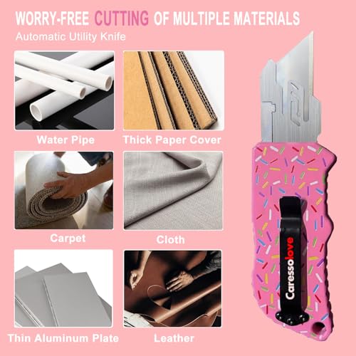 Image of Caressolove Automatic Utility Knife, Premium Pink Retractable Box Cutter, Cute Aluminum Alloy Heavy Duty Pocket Knife, Safety Replaceable Blade EDC Razor Knives with 5PCS Blades