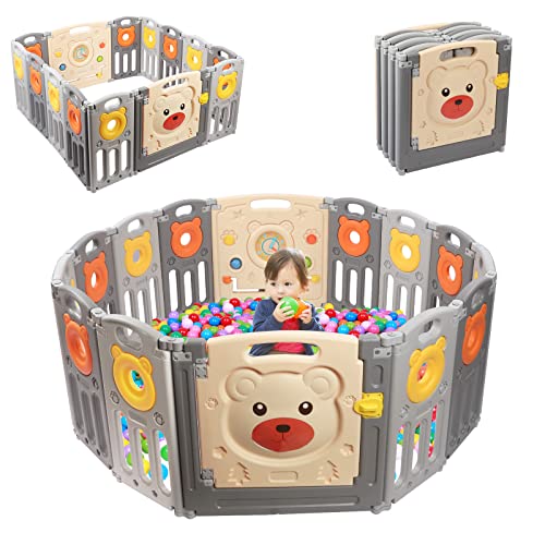 Yoleo Baby Playpen 14 Panels Large Play Yard Fence for Toddlers Kids Safety Gate Foldable Activities Center with Drawing Board (Grey)