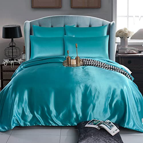 Mr Jeans Satin Silk Duvet Cover Sets - 6 PCS - Quilt Cover Bedding Set With Fitted Sheet + 4 Pillow Cases, Teal - Double