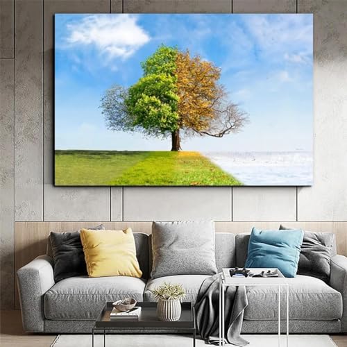 Impression sur toile paysage 4 saisons avec cadre intérieur en bois robuste