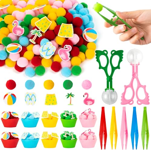 Image of EZdhuawuse Summer Sensory Bin Fillers - 268Pcs Summer Beach Fine Motor Toys Counting Sorting for Kids, Felt Beach Ball Palm Tree Pom Poms Cup Clip for Preschool Education Birthday Gift Party Favors