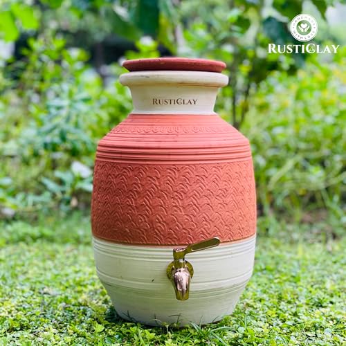 Image of 6L Earthen Clay Water Pot with Lid & Stainless Steel Tap | Dual Color | Natural Alkaline Water Dispenser | Handmade Mud Water Pot | Eco-Friendly & Traditional