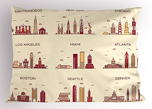 Ambesonne USA Pillow Sham, American Cities San Francisco New York Chicago Los Angeles Miami Silhouettes, Decorative Standard King Size Printed Pillowcase, 36" X 20", Cream Red Mustard