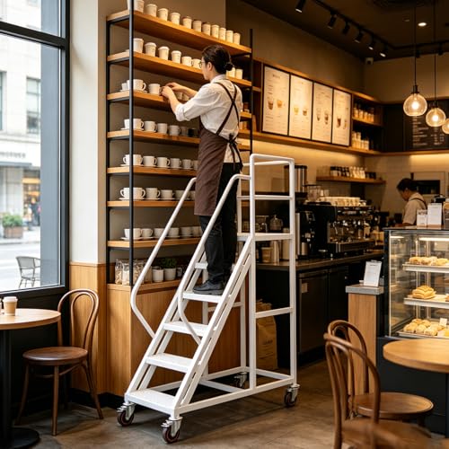 Image of 6-Step Rolling Warehouse Step Ladder, Lockable Wheels, Non-Slip Wide Steps, Dual Handrails, Movable Platform Ladder, Rolling Stairs for Warehouse, Supermarket, Library (White, 6 Steps)