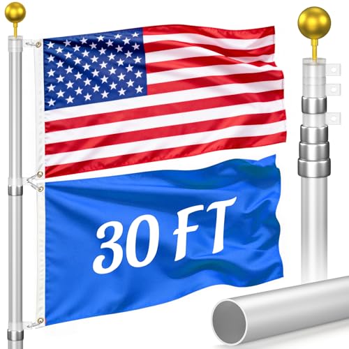 Flag Poles for Outside House Inground - Extra Thick Telescoping Flag Poles Heavy Duty Flag Pole Kit with 3x5 American Flag (30FT Silver)
