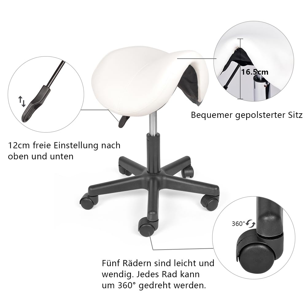 Mingone Sillín con ruedas, altura regulable, taburete de oficina, ergonómico, para peluquería, rotación de 360°, color blanco