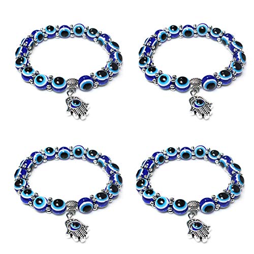4Pcs Evil Eye Beaded Charm Bracelets Blue Eye Beads Hand of Fatima Stretch Bracelet Turkish Hamsa Lucky Bracelet for Women Men for Protection Blessing Friendship Bracelet Jewelry(8mm)