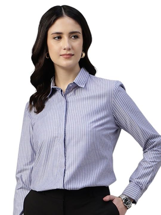 english navy Women Striped Regular Fit Formal Shirt Blue & White S, Ideal and semi Formal Occasions, Perfect for Office wear and Casual outings, Comfortable All Day fit-picture-30