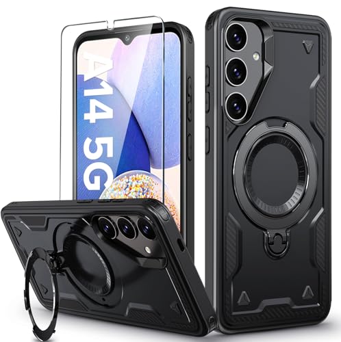 Image of for Samsung Galaxy A14 Case Magnetic with Stand, with Mag-Safe, with Screen Protector, Wireless Charging, Shockproof for Samsung A14 5G Phone Case, Ring Holder Phone Cover, for Samsung A14 Black