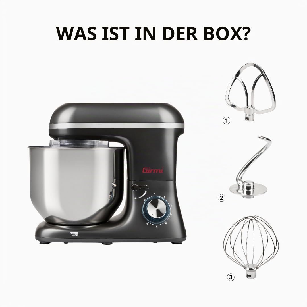 Girmi IM46 Küchenmaschine, 1800 W Max, 8 Liter, 6 Geschwindigkeiten, Pulse, Edelstahlschüssel, Sicherheitsvorrichtung, Zubehör inklusive, Anthrazitgrau