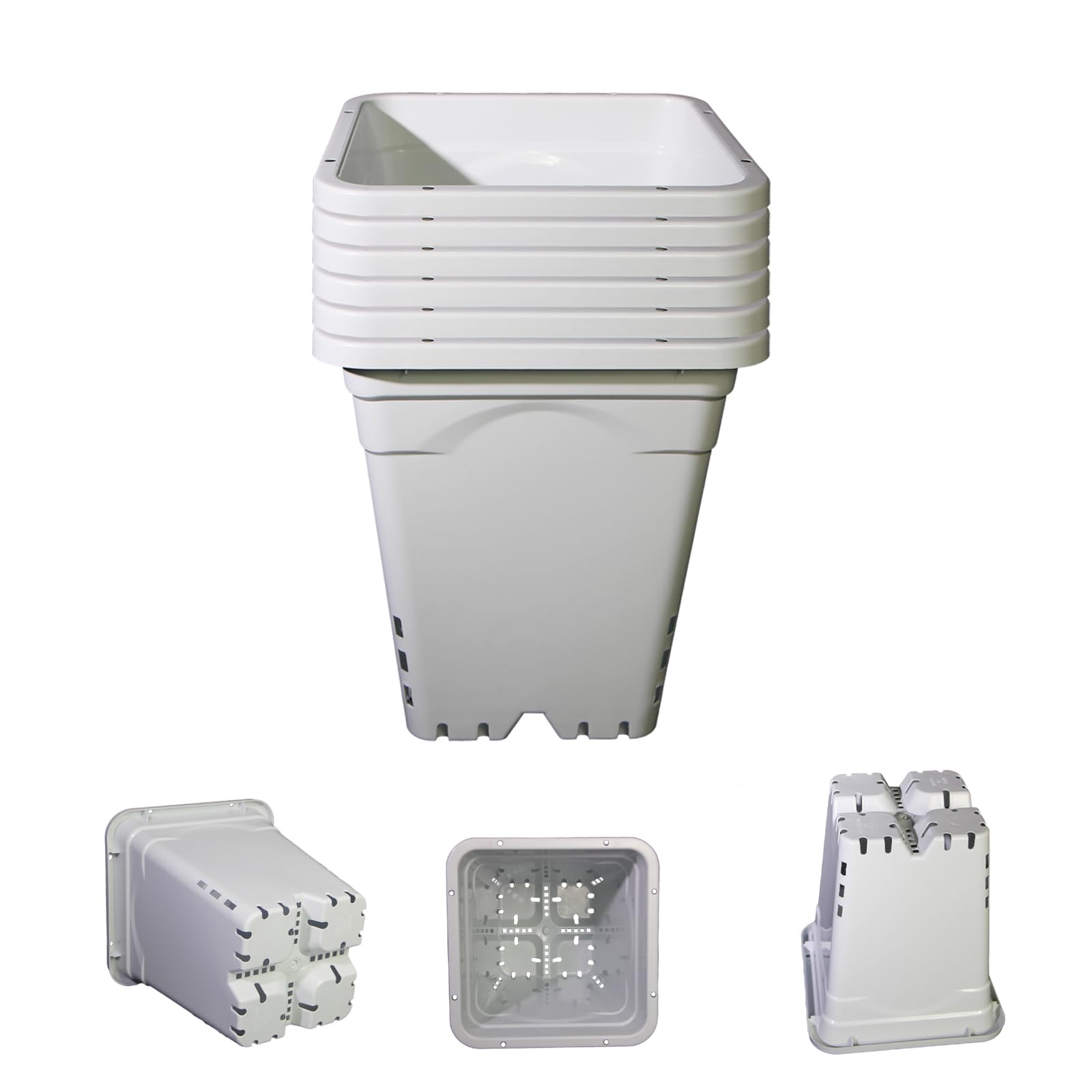 HG9X9SW Lot de 6 pots de culture hydroponique carrés blancs en plastique robuste avec trous de drainage, 22,9 x 22,9 cm de haut, 25,4 cm de haut