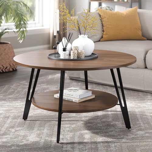 Manora Table Basse Ronde, Table Basse Bois, Table Basse de Salon Scandinave avec Rangement, Petite Table Basse Industrielle Moderne à 2 Niveaux, avec...