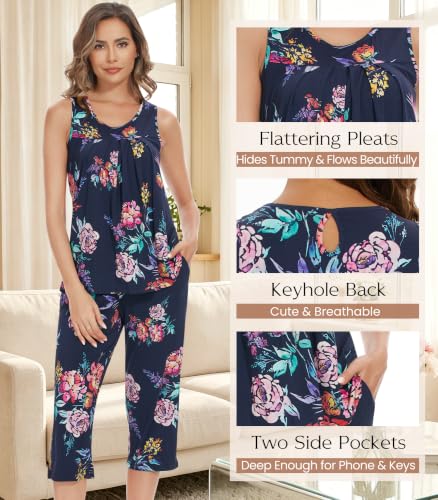 Image of NACHILA Pajamas for Women-Viscose Made from Bamboo, Sleeveless Pjs Tank Top Capri Pants Pajama Sets Cooling Sleepwear