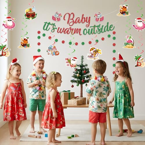 Image of Christmas July Decorations Baby It's Warm Outside Banner Hanging Swirls | Glitter Pre-strung Banner, Ready to Hang, Summer Tropical Decor Garland and Hanging Swirls, Thickened Cardstock Paper
