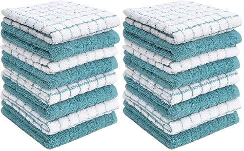 Image of Bumble Premium Cotton Dish Cloths (12 inch x 12 inch) Aqua Check Design | Highly Absorbent | Natural Ring Spun Cotton | Kitchen Dish Towel Set | 380 GSM - 16 Pack