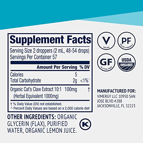 Vimergy Usda Organic Cat’s Claw Extract, 57 Servings – Alcohol Free Cat’s Claw Tincture - Supports A Healthy Immune System - Gluten-Free, Non-Gmo, Kosher, Vegan & Paleo Friendly (115 Ml) #TOP3