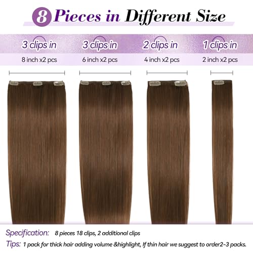 Image of Clip in Hair Extensions Real Human Hair 18 inch 100g /3.6oz Straight Seamless Invisible Human hair Extensions Clip ins for Women Double Weft 8pcs #4-Chocolate Brown
