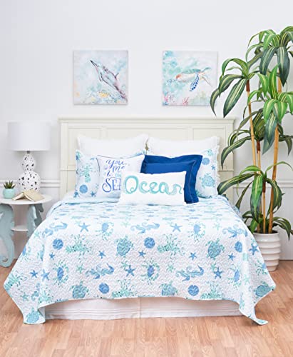 C&F Home Outlook Beach Ocean Coastal Blue Seahorse Turtle Crab Octopus Starfish Sand Dollar King 3-Piece Beach Reversible Coverlet Lightweight Quilt Set with 2 King Shams King 3 Piece Set Blue - Image 2