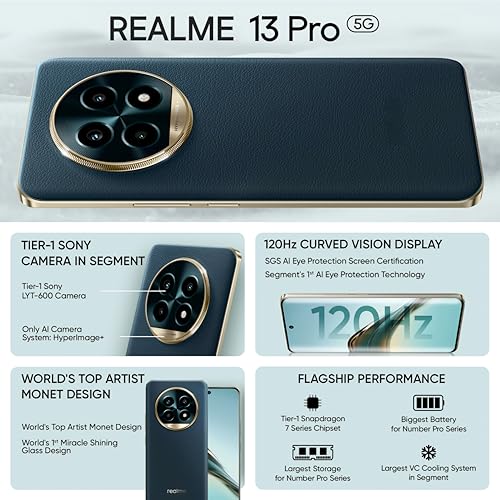 Image of REALME 13 Pro 5G (Emerald Green, 12GB RAM, 512GB Storage)| Upto 24GB Dynamic RAM |Snapdragon 7s Gen2 Processor |6.7 inch Curved Display | 50MP+8MP+2MP | 32MP Front Cam| 5200 mAh Battery | AI Ultra Clarity