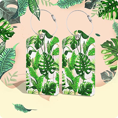 Image of Set of 2 Luggage Tags for Suitcases Women Tropical Leather Suitcases Tag with Stainless Steel Loop Privacy Cover ID Label Leaf Travel Bag Tags Luggage Identifiers for Women Men Travel