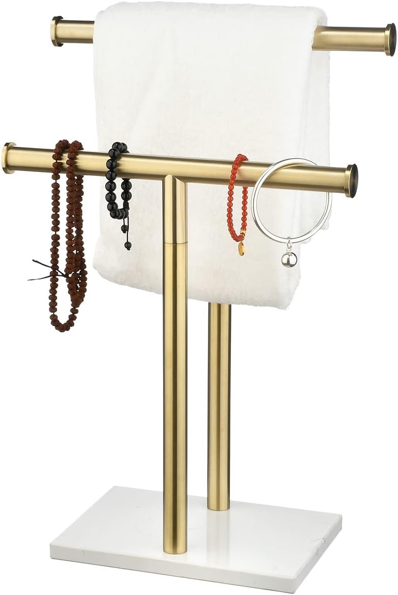 Gold Countertop Towel Rack T-Shape Towel Stand with Marble Base, Hand Towel Holder Stand for Bathroom, Kitchen,Beelee