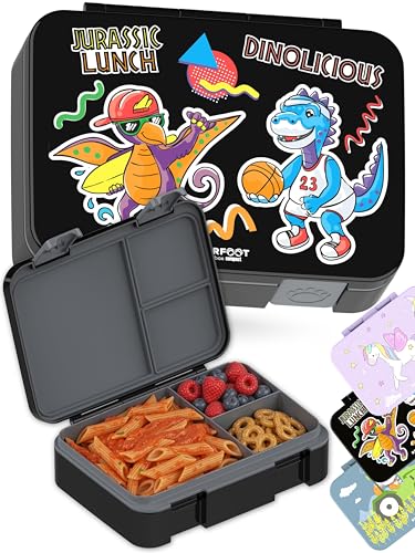 Image of BEARFOOT Kids Lunch Box with Compartments - Compact & Lightweight | Leak-Proof, BPA-Free, Dishwasher Safe | Hand-Drawn Design for Preschool, School, Travel (Dinos Black, 4 Cups) | BPA Free Leakproof Lunch Box with Compartments School & Nursery for Girls & Boys Lightweight & Compact