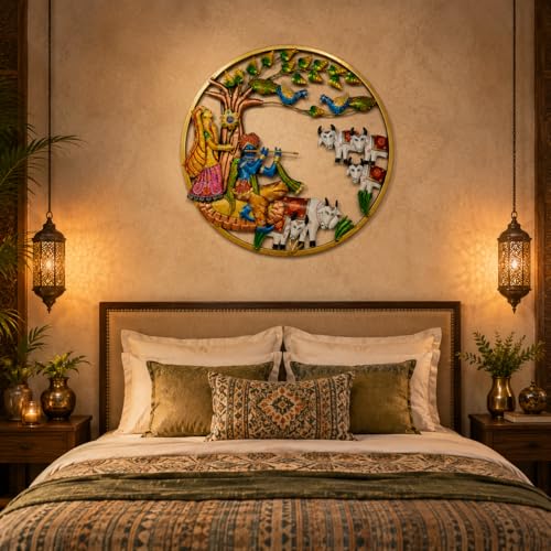 Image of iHandikart Krishna Radha Metal Wall Art for Living Room | Handmade Round Wall Sculpture with Peacock & Cow Design | Traditional Decorative Wall Hanging for Home, Bedroom, Hall & Office | 25 * 25 Inch