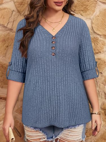 Image of Koscacy Women Plus Size V Neck 3 /4 Roll Sleeve Sweater Casual Knit Tops Solid Color Blouses